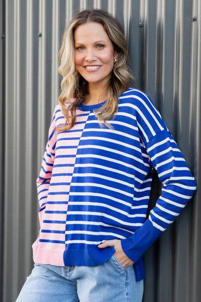 Louise Spliced Knit in Deep Blue & Blush Pink from Elm Lifestyle