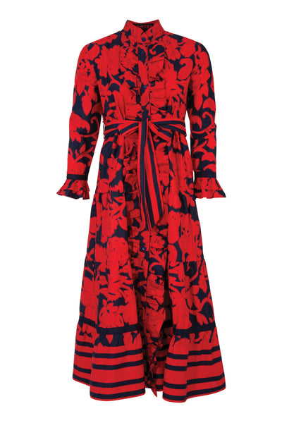 Watch Out for the Frill Dress from Cooper by Trelise Cooper. In a red and navy goods floral print. 